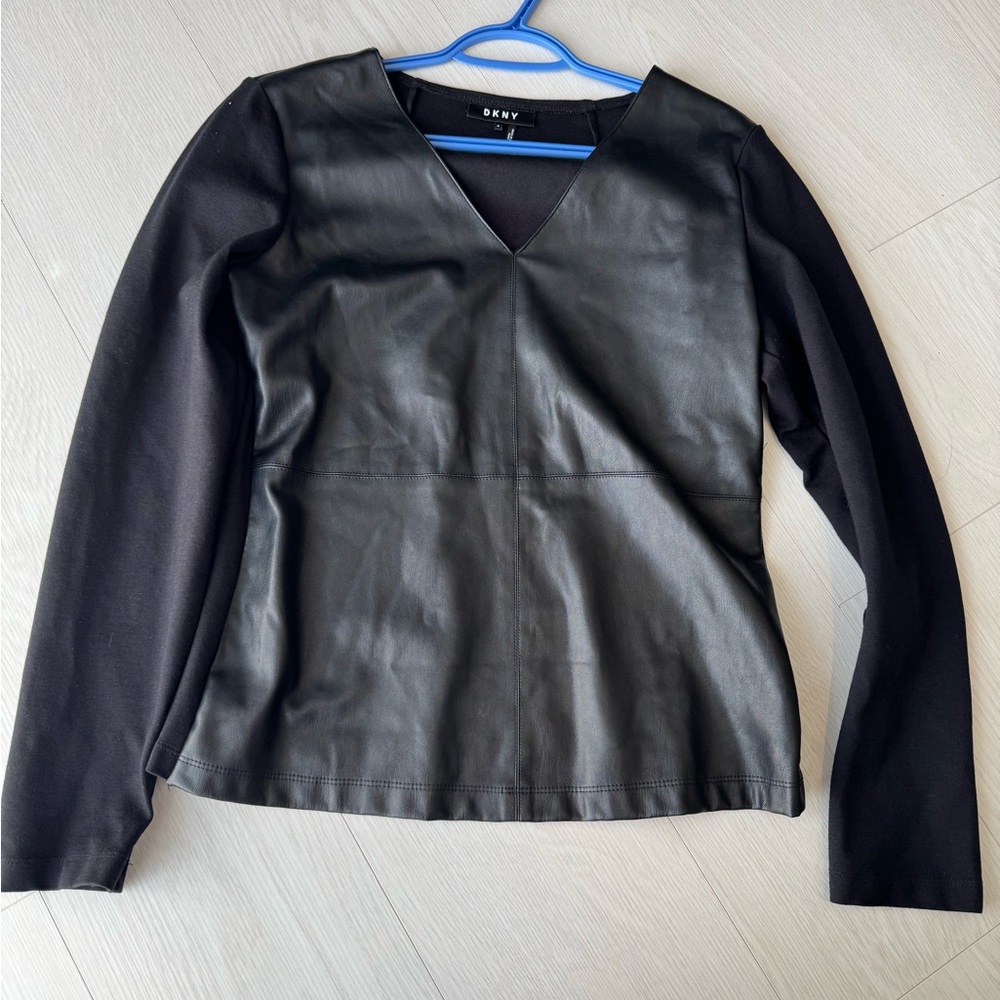 DKNY Black V-Neck Faux Leather Long Sleeve